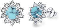 wholesale 925 Sterling Silver Round Blue Stone Flower Stud Earrings with Cubic Zirconia and Celtic Knot Design-B-Turquoise Earrings