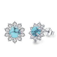 wholesale 925 Sterling Silver Round Blue Stone Flower Stud Earrings with Cubic Zirconia and Celtic Knot Design-B-Turquoise Earrings