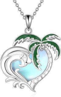 wholesale 925 Sterling Silver Moonstone Wave & Palm Tree Heart Pendant Necklace-Wave Palm Tree
