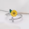 TOUPOP Sterling Silver Cross Sunflower Open Adjustable Ring Christian Gift-0-2