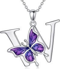 wholesale Sterling Silver Purple Butterfly A Z 26 Letters Pendant Necklace-Letter W-Letter W