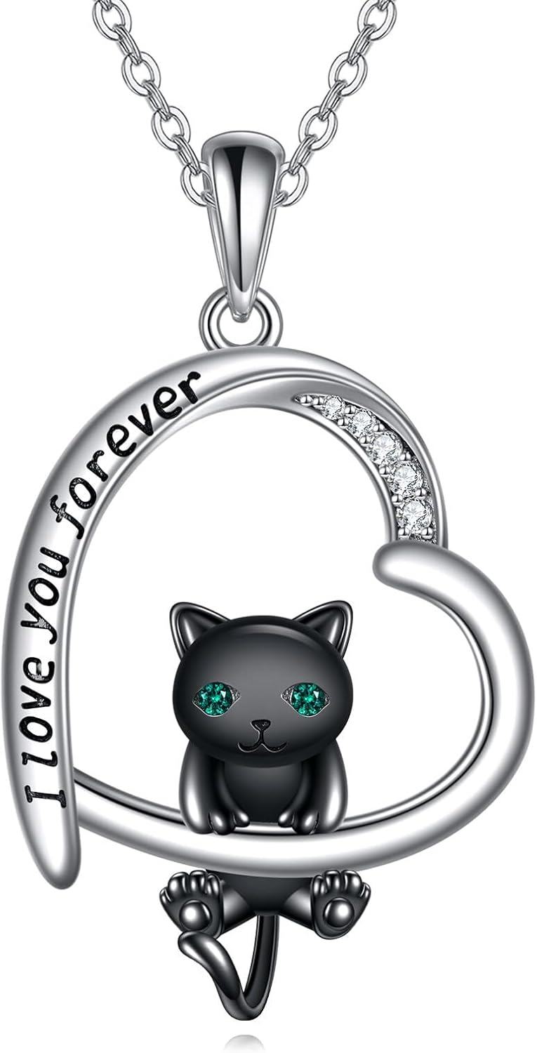 Sterling Silver Stone Animal Jewelry Heart Cow Cat Axolotl Butterfly Necklace for Women Birthday-Heart Black Cat Necklace