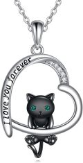 wholesale 925 Sterling Silver Black Cat Pendant Necklaces with Green Eyes and I Love You Forever Inscription for Women's Gifts-0-0
