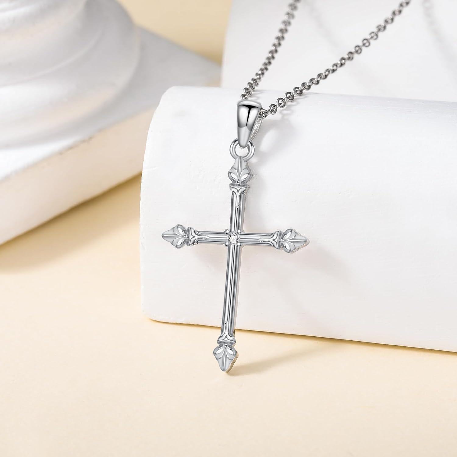 Sterling Silver Lab Grown Diamond Cross Necklace for Women-0-4