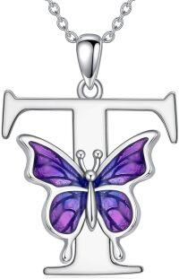 wholesale Sterling Silver Purple Butterfly A Z 26 Letters Pendant Necklace-Letter T-Letter T