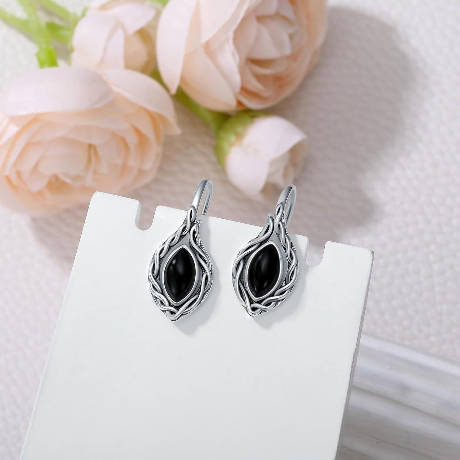 wholesale 925 Sterling Silver Black Onyx & Red Agate Celtic Knot Teardrop Dangle Earrings-0-2