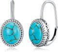 wholesale 925 Sterling Silver Oval Genuine Green Turquoise Leverback Drop Earrings-0-0