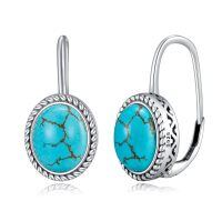 wholesale 925 Sterling Silver Oval Genuine Green Turquoise Leverback Drop Earrings-Oval