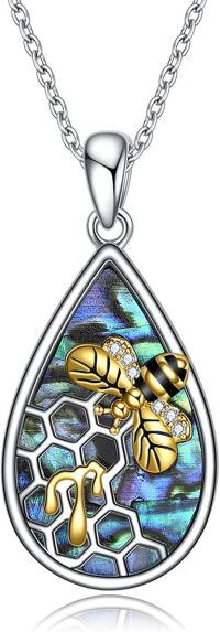 wholesale 925 Sterling Silver Bee Honeycomb Teardrop Pendant With Zirconia-Abalone Shell Bee Necklace