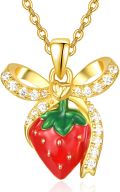 wholesale 925 Sterling Silver Metal Red Strawberry with Gold Tone Bow Pendant Necklace for Women - Summer Fruit -0-0