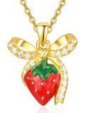 wholesale 925 Sterling Silver Metal Red Strawberry with Gold Tone Bow Pendant Necklace for Women - Summer Fruit -0-0
