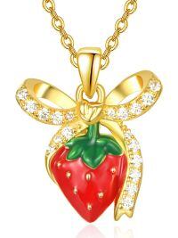 wholesale 925 Sterling Silver Metal Red Strawberry with Gold Tone Bow Pendant Necklace for Women - Summer Fruit -Gold