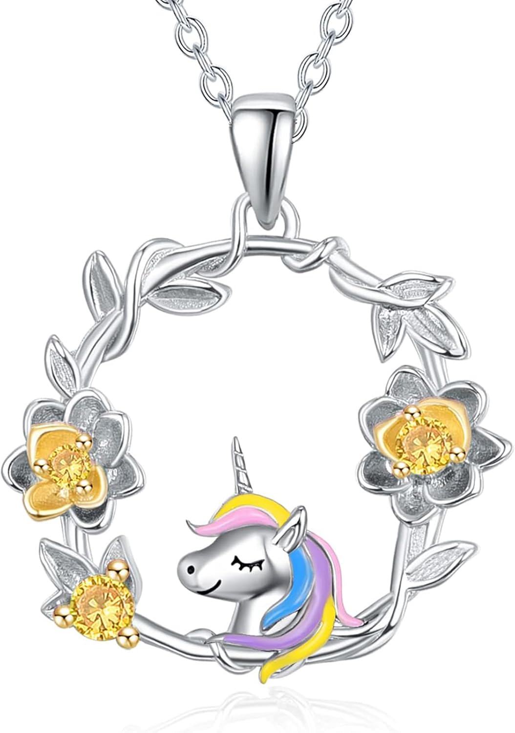 Sterling Silver Gemstone Cute Animal Flower Circle Necklace for Women Dog Fox Giraffe Unicorn Hummingbird Pendant Jewelry Gift -Unicorn