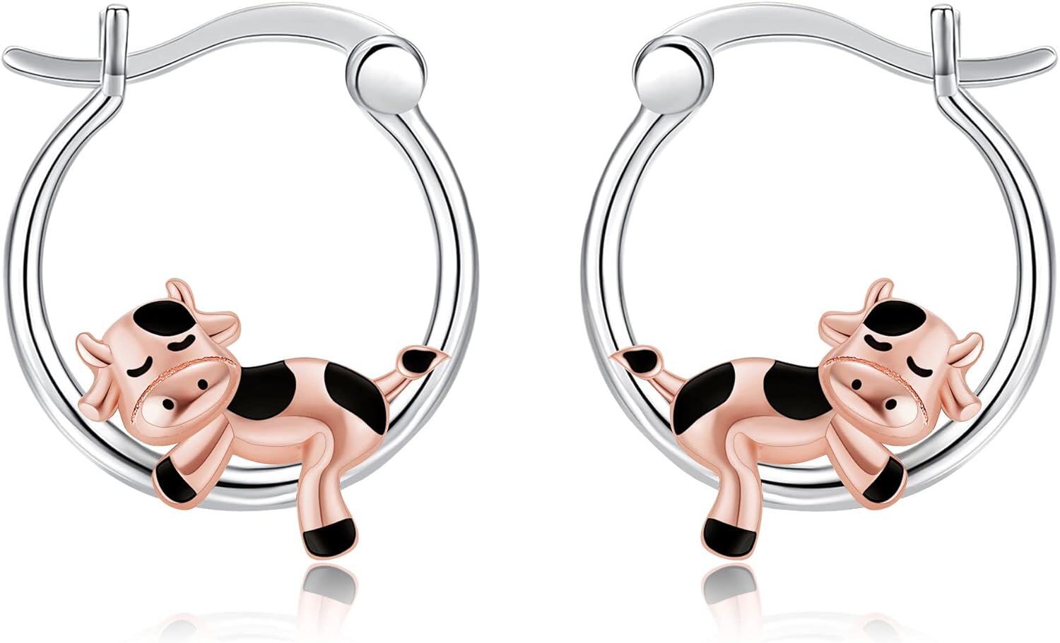 Sterling Silver Animal Hoop Earrings Duck Cow Pig Dog Yorkie Otter Hypoallergenic Cute Gifts for Women-Cow