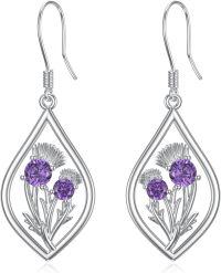 wholesale 925 Sterling Silver Scottish Thistle Dangle Earrings with Purple CZ Stones for Women Gifts-Scottish Thistle B