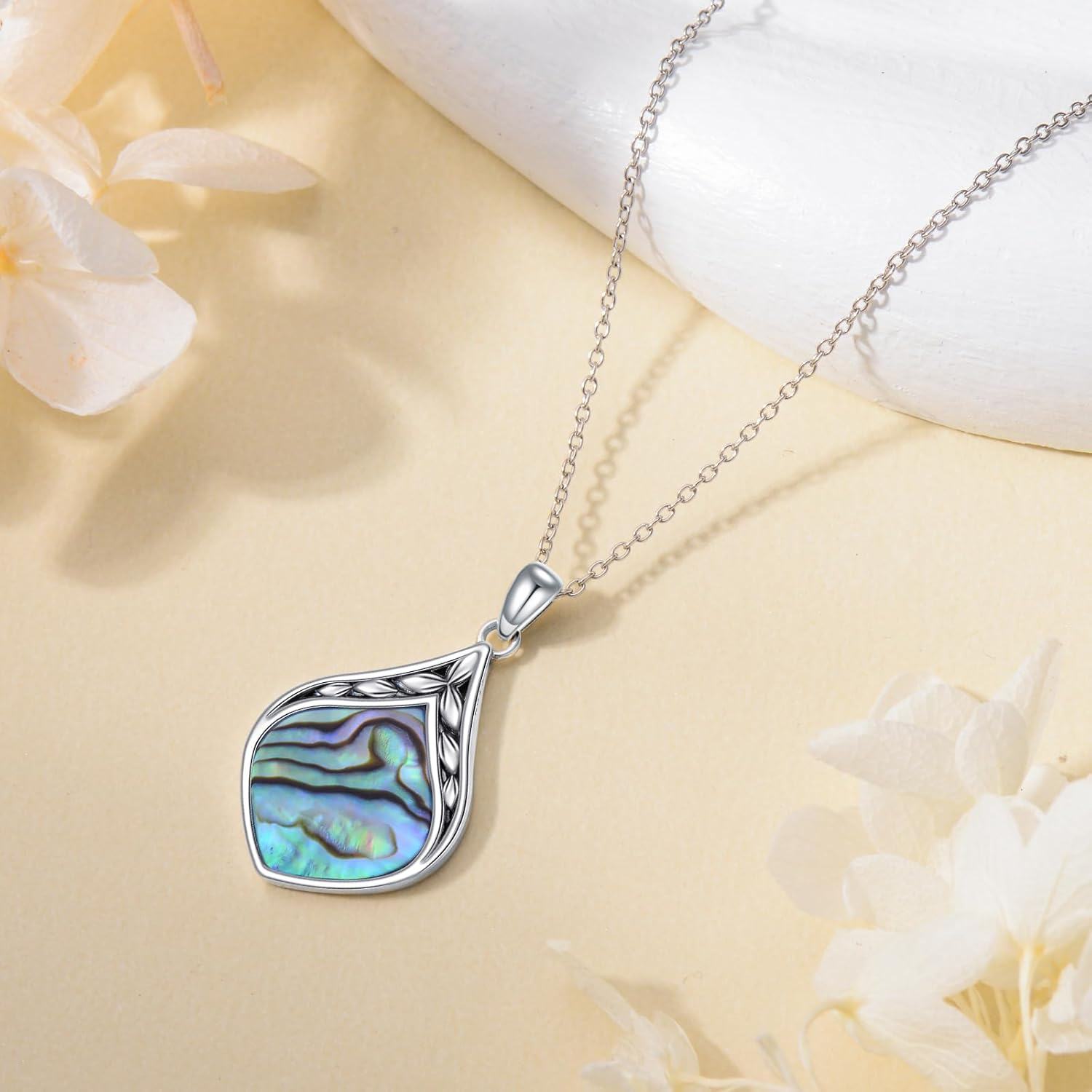 925 Sterling Silver Abalone Shell Teardrop Pendant Necklace-0-4