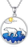 wholesale 925 Sterling Silver Abalone Shell Mother & Baby Polar Bears Pendant Necklace with Moon and Clouds Design-0-0