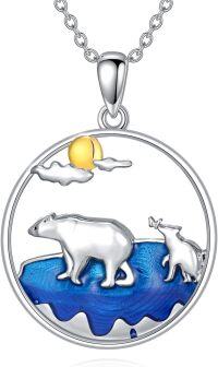 wholesale 925 Sterling Silver Abalone Shell Mother & Baby Polar Bears Pendant Necklace with Moon and Clouds Design-Glacier and Mama Bear