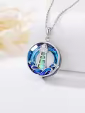 TOUPOP Sterling Silver Crystal Lighthouse Pendant Wave Necklace-0-2