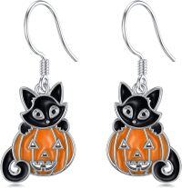 wholesale 925 Sterling Silver Halloween Black Cat Jack-o'-Lantern Drop Earrings-Cat Pumpkin