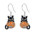 wholesale 925 Sterling Silver Halloween Black Cat Jack-o'-Lantern Drop Earrings-0-0