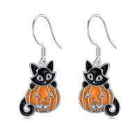 wholesale 925 Sterling Silver Halloween Black Cat Jack-o'-Lantern Drop Earrings-Cat Pumpkin