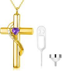 wholesale 925 Sterling Silver Gold & Sterling Silver Cross Urn Necklace with Birthstone – Infinity Engraved 'I Love You Forever' – Cremation Jewelry for Ashes, Hair, Keepsake Gift-B-Gold February