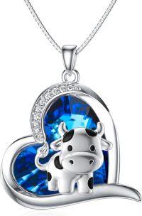 wholesale 925 Sterling Silver Blue Crystal Cow Heart Pendant Necklace for Women Girls Gifts-Cow-2