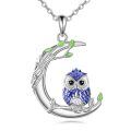 wholesale 925 Sterling Silver Owl on Branch Pendant Necklace with Blue Enamel and Green Leaves for Women-0-0