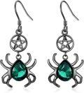 wholesale 925 Sterling Silver Green Stone Pentagram Spider Drop Earrings Gothic Jewellery-0-0
