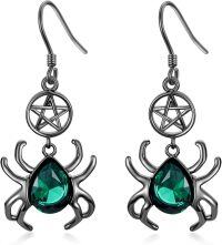 wholesale 925 Sterling Silver Green Stone Pentagram Spider Drop Earrings Gothic Jewellery-style1