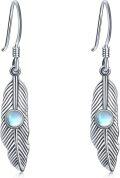 wholesale 925 Sterling Silver Blue Moonstone Feather Drop Earrings for Women  4cm Long-0-0