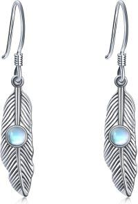 wholesale 925 Sterling Silver Blue Moonstone Feather Drop Earrings for Women  4cm Long-Moonstone