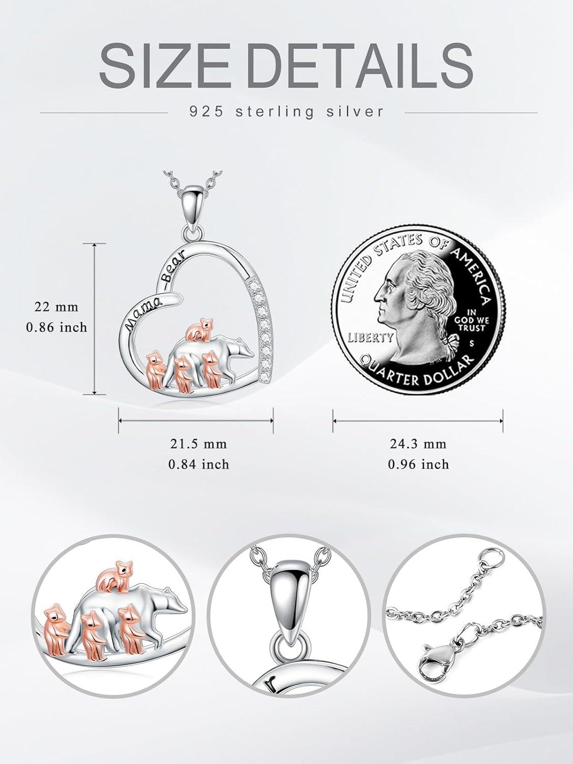 925 Sterling Silver Mama Bear Family Pendant Necklace with Cub Cubs Love Heart Charm  for Women Girls-0-5