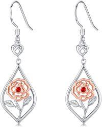 wholesale 925 Sterling Silver Rose Dangle Earrings with Birthstone Flower Jewelry for Women-July-Ruby