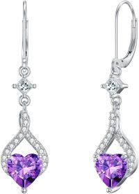 wholesale Sterling Silver Birthstone Infinity Heart Leverback Dangle Earrings for Women-02.Natural Amethyst