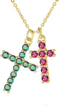 wholesale 14K Gold Sterling Silver Birthstone Double Cross Necklace for Women-05-07-May-Jul