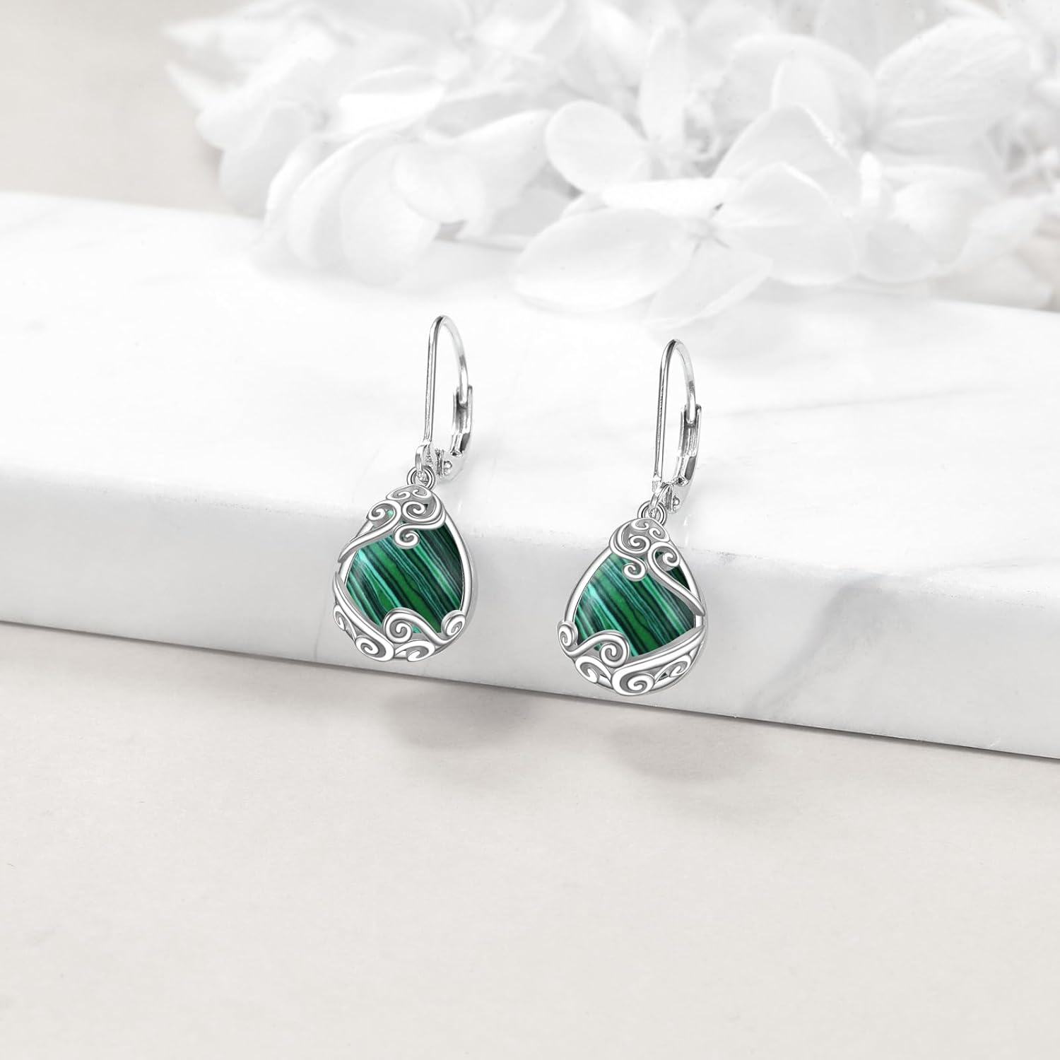 925 Sterling Silver Malachite Leverback Teardrop Dangle Earrings for Women-0-2