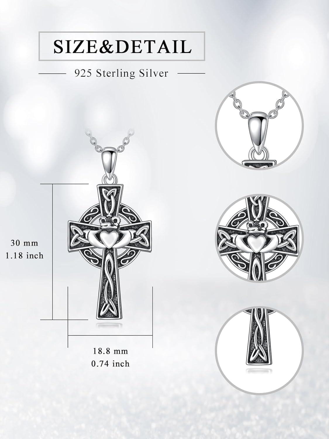 Sterling Silver Celtic Cross Pendant Irish Claddagh Necklace-0-4