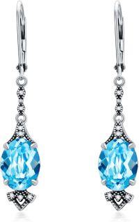 wholesale 925 Sterling Silver 9mm Oval Birthstone Vintage Leverback Dangle Drop Earrings-Aqua Blue