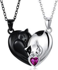 wholesale Sterling Silver Love Arrow Cat Couples Heart Necklaces Gifts for Couples-Couple Cat-July Birthstone