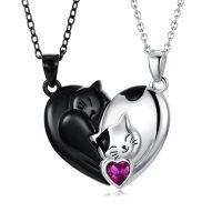 wholesale 925 Sterling Silver Love Arrow Cat Couples Heart Necklaces Gifts for Couples-Couple Cat-July Birthstone
