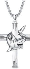 wholesale 925 Sterling Silver Shark on Cross Pendant Necklace for Women and Men - Religious  for Christmas & Birthdays-0-0