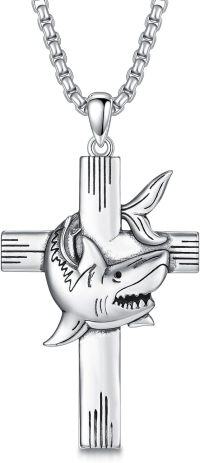 wholesale 925 Sterling Silver Shark on Cross Pendant Necklace for Women and Men - Religious  for Christmas & Birthdays-02-Shark
