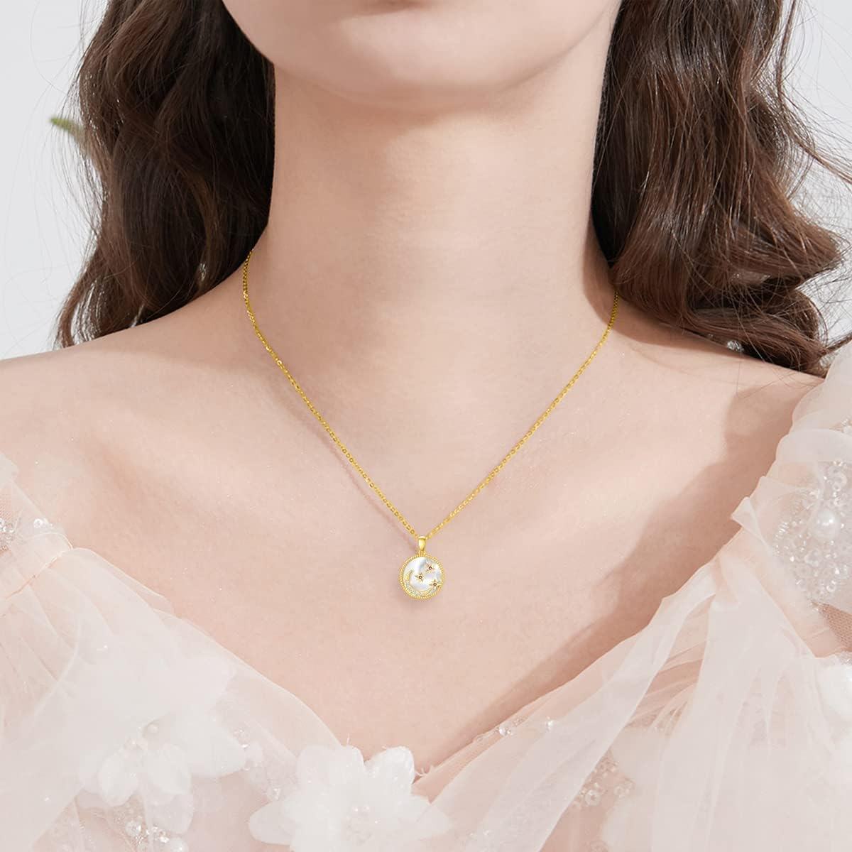 Yellow Gold 14K Moon Pendant Necklace for Women with Stone-0-2