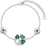 wholesale 925 Sterling Silver Green Crystal Clover Lucky Charm Bracelet for Women Girls  6 Adjustable Chain Length-Shamrock