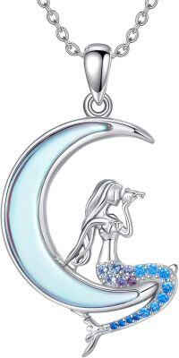 wholesale 925 Sterling Silver Crescent Moon Mermaid Fairy Pendant Necklace-3-Mermaid