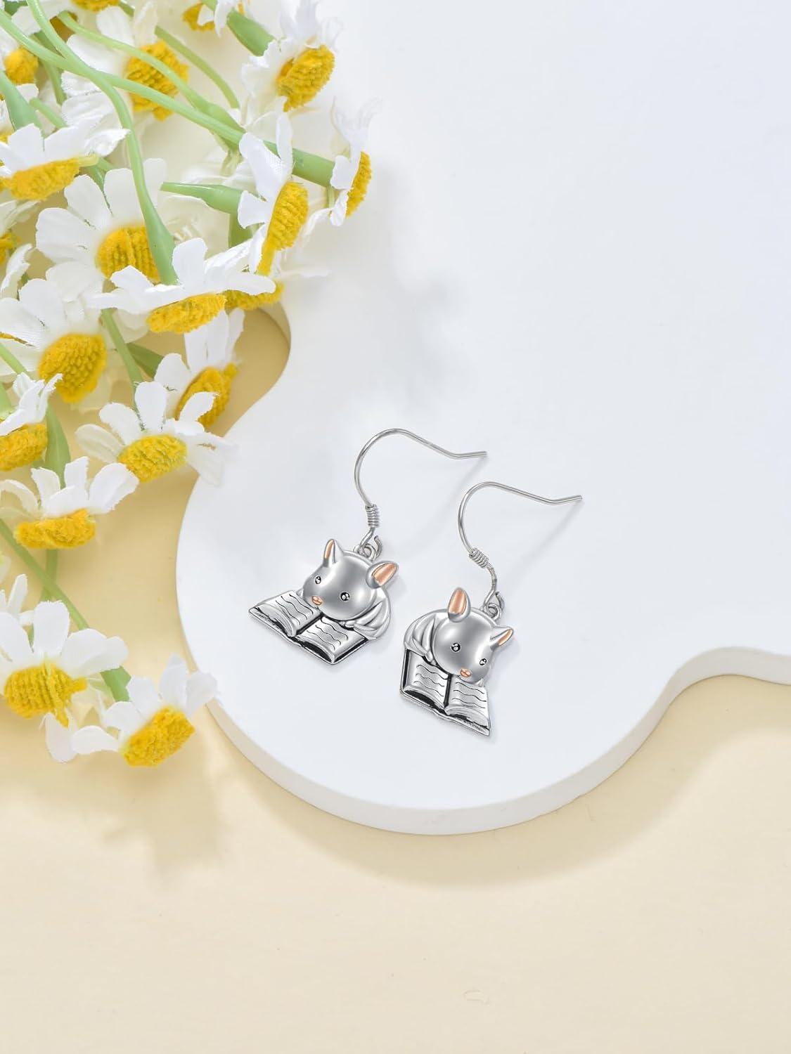 925 Sterling Silver 3D Mouse Reading Book Dangle Earrings Gifts for Women & Girls-0-3