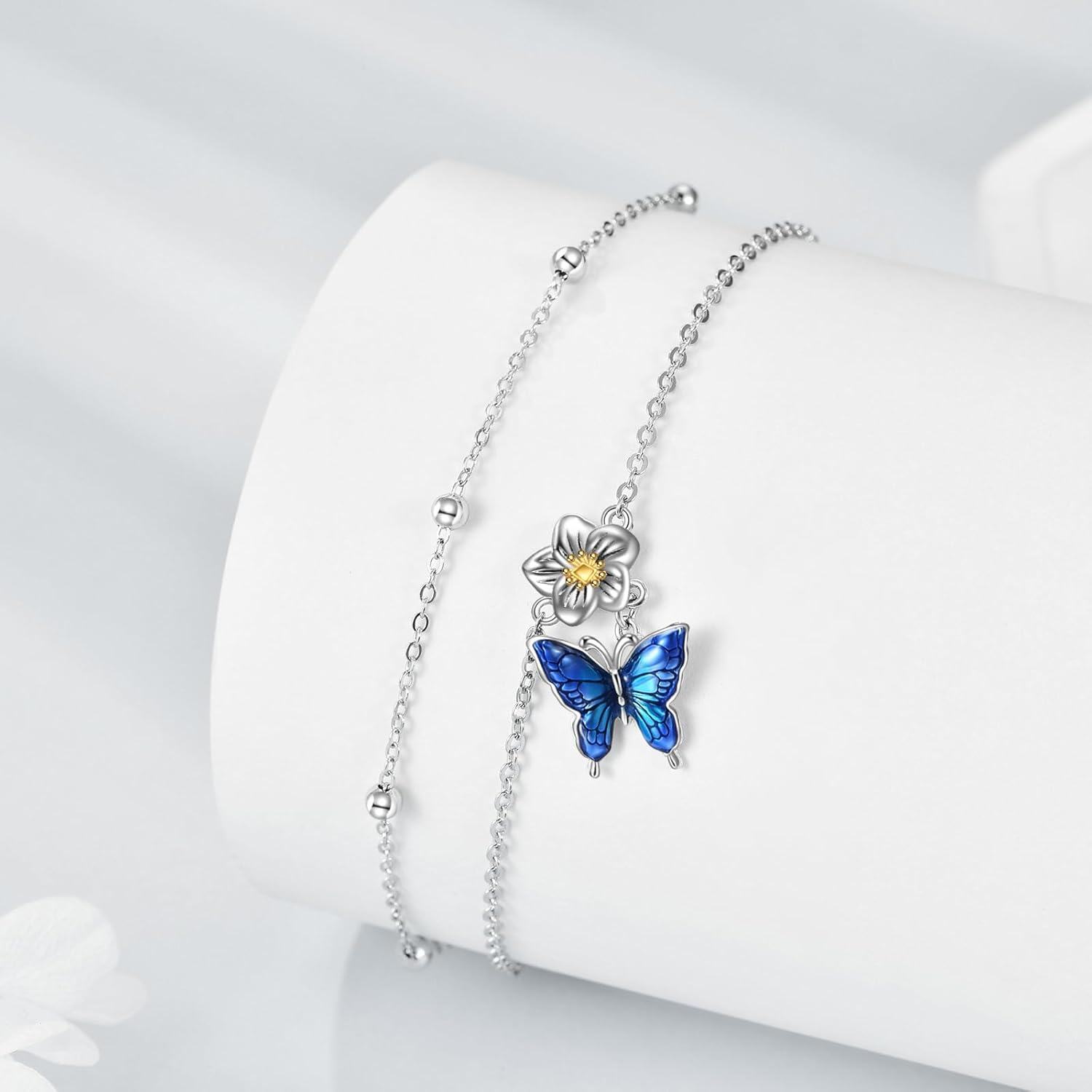 925 Sterling Silver Blue Enamel Flower & Butterfly Charm Layered Ankle Anklet for Women and Girls-0-2