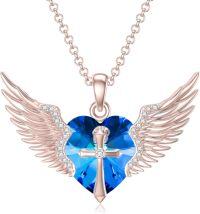 wholesale Sterling Silver Gold Angel Wings Necklace with Cross Birthstone Valentine s Gift-12-Dec-Blue Topaz Rose Gold